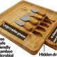 Cheese Board & Cutlery Set Hidden Drawer 4 Stainless-Steel Serving Utensils Cracker Groove Large Square Cutting Plate Natural Organic Bamboo Wood Serving Dish Perfect Wedding Birthday Gift Present