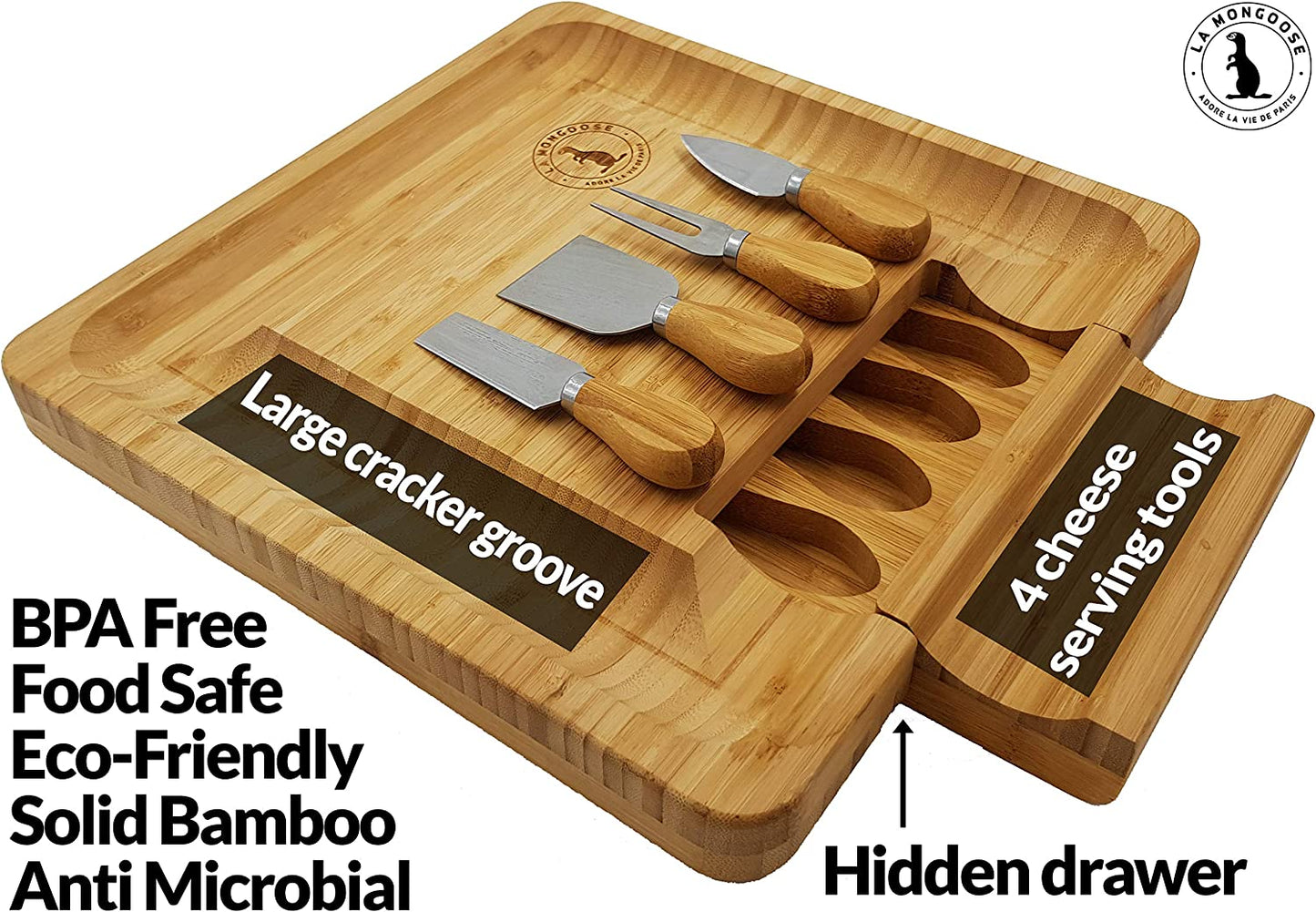Cheese Board & Cutlery Set Hidden Drawer 4 Stainless-Steel Serving Utensils Cracker Groove Large Square Cutting Plate Natural Organic Bamboo Wood Serving Dish Perfect Wedding Birthday Gift Present