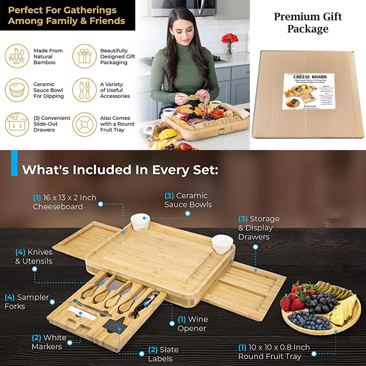 Cheese Board & Cutlery Set Hidden Drawer 4 Stainless-Steel Serving Utensils Cracker Groove Large Square Cutting Plate Natural Organic Bamboo Wood Serving Dish Perfect Wedding Birthday Gift Present