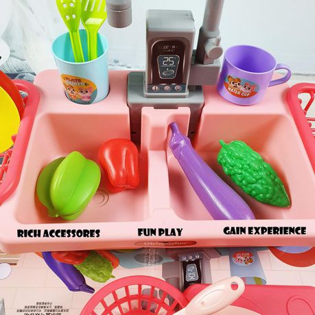 Toddler Kitchen Pretend Dishwashing Sink Set with Dishes Toy - Pink