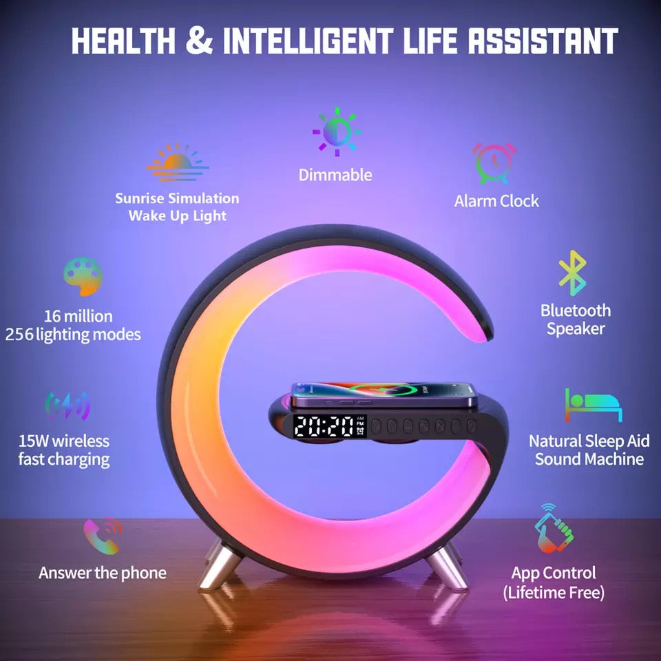 LED Night Light RGB Atmosphere Desk Lamp Multifunctional Wireless Charger Alarm Clock Speaker APP Control for iPhone /Samsung