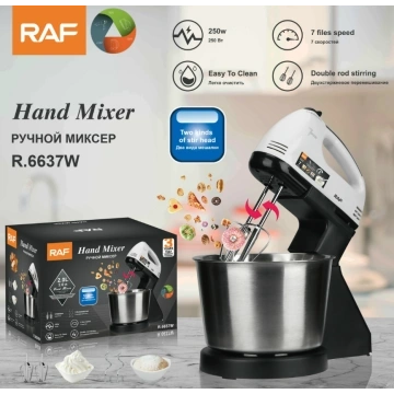 RAF R.6637 2-in-1 Electric Hand & Stand Mixer with Bowl – 250W, 7 Speed, Stainless Steel Attachments
