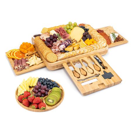 Cheese Board & Cutlery Set Hidden Drawer 4 Stainless-Steel Serving Utensils Cracker Groove Large Square Cutting Plate Natural Organic Bamboo Wood Serving Dish Perfect Wedding Birthday Gift Present