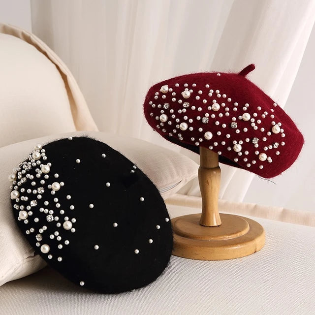 Winter Warm Rhinestone Pearl Beret Beanie Hat Classic French Berets Casual Caps Wool Winter Beanie Caps for Women Girl Hat