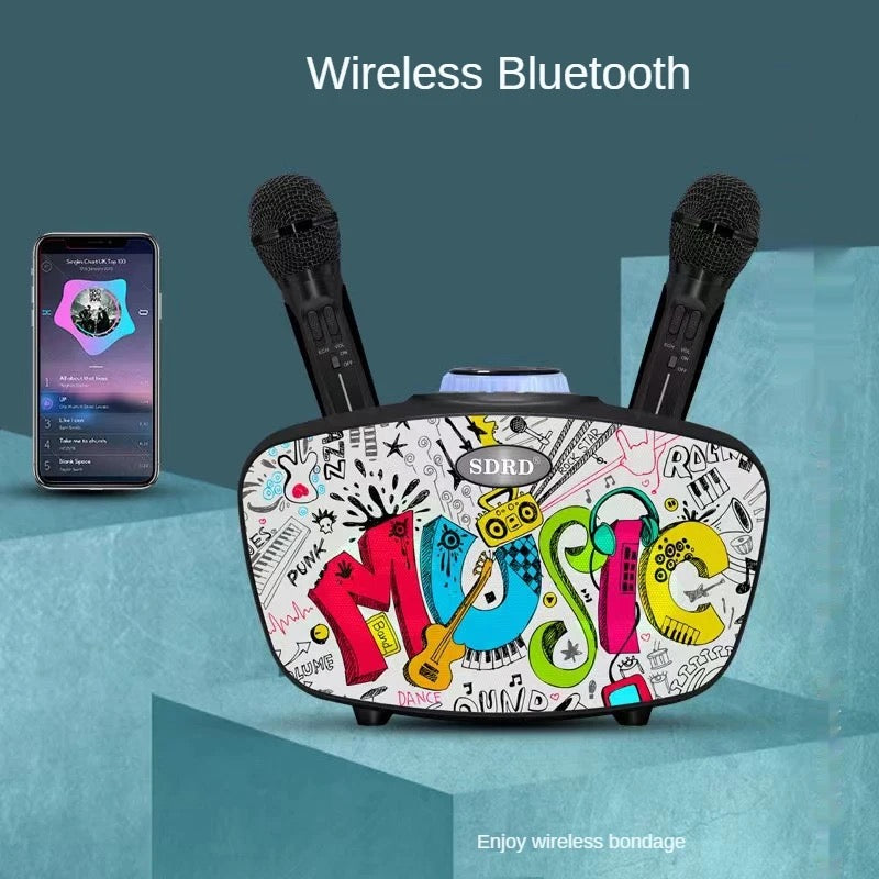Home Theater Portable Bluetooth Speaker KTV with Dual Wireless Microphones Personalized Graffiti Subwoofer Support TF Card