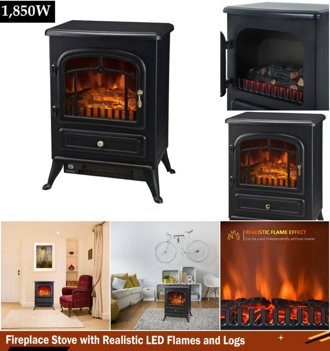 Freestanding Fireplace With Realistic Flames/Logs 1850w – Megamall ...