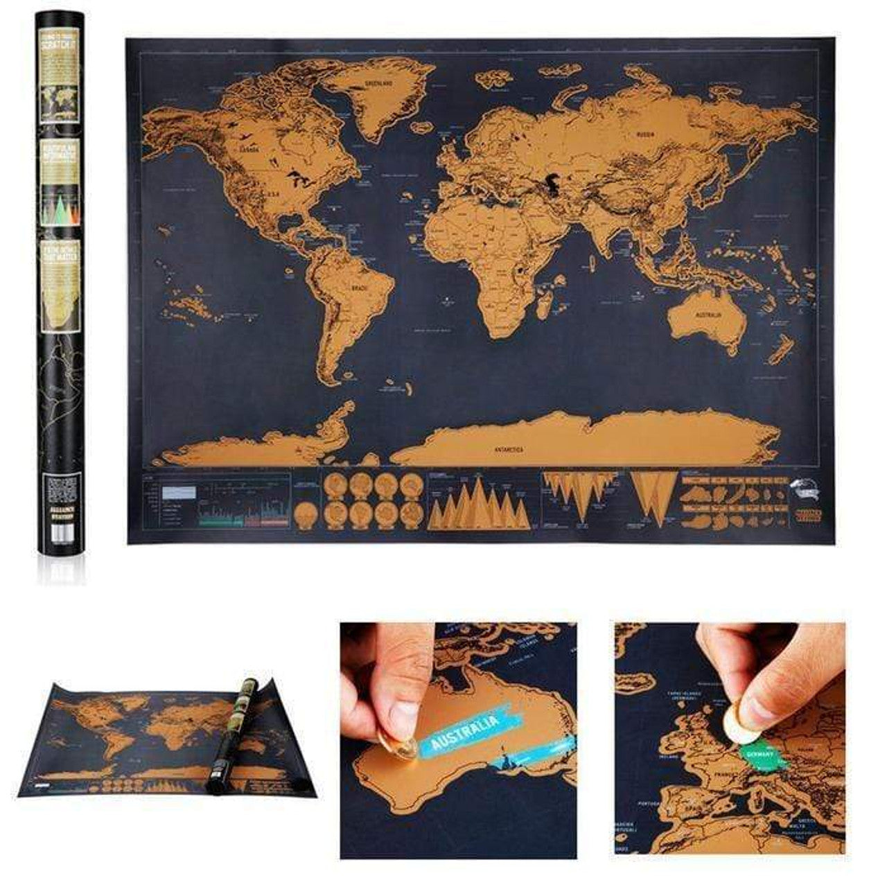 Luckies Of London - Scratch Map Deluxe Edition - Mappa Del Mondo Da Grattare - Poster 82.5x59.4 Cm - Con Capitali E Stati - Finitura Nero/Oro